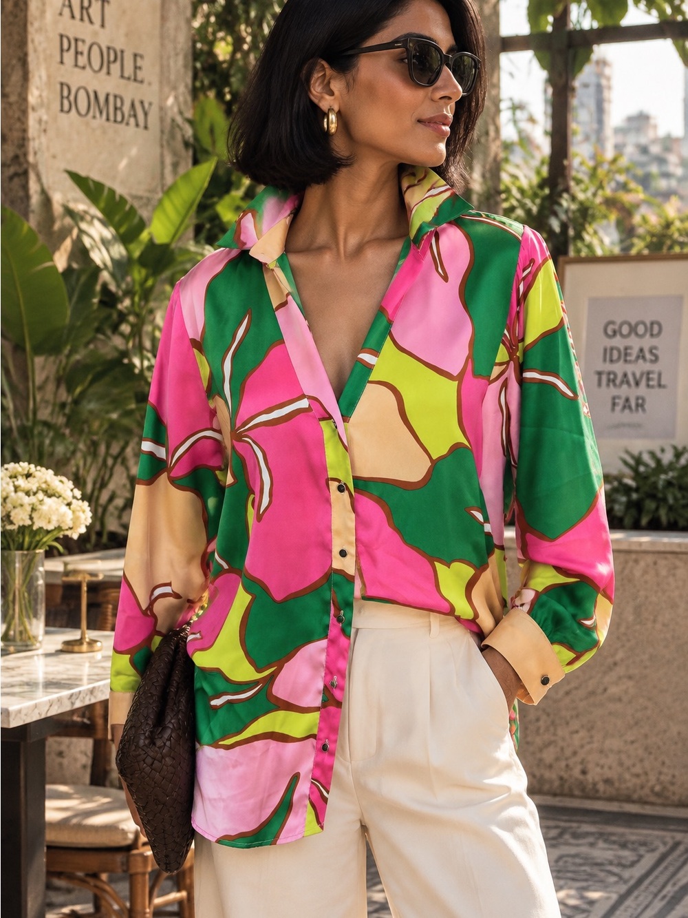 ZARA Multicolor Pink and Green Abstract Satin Relaxed Fit Blouse, M